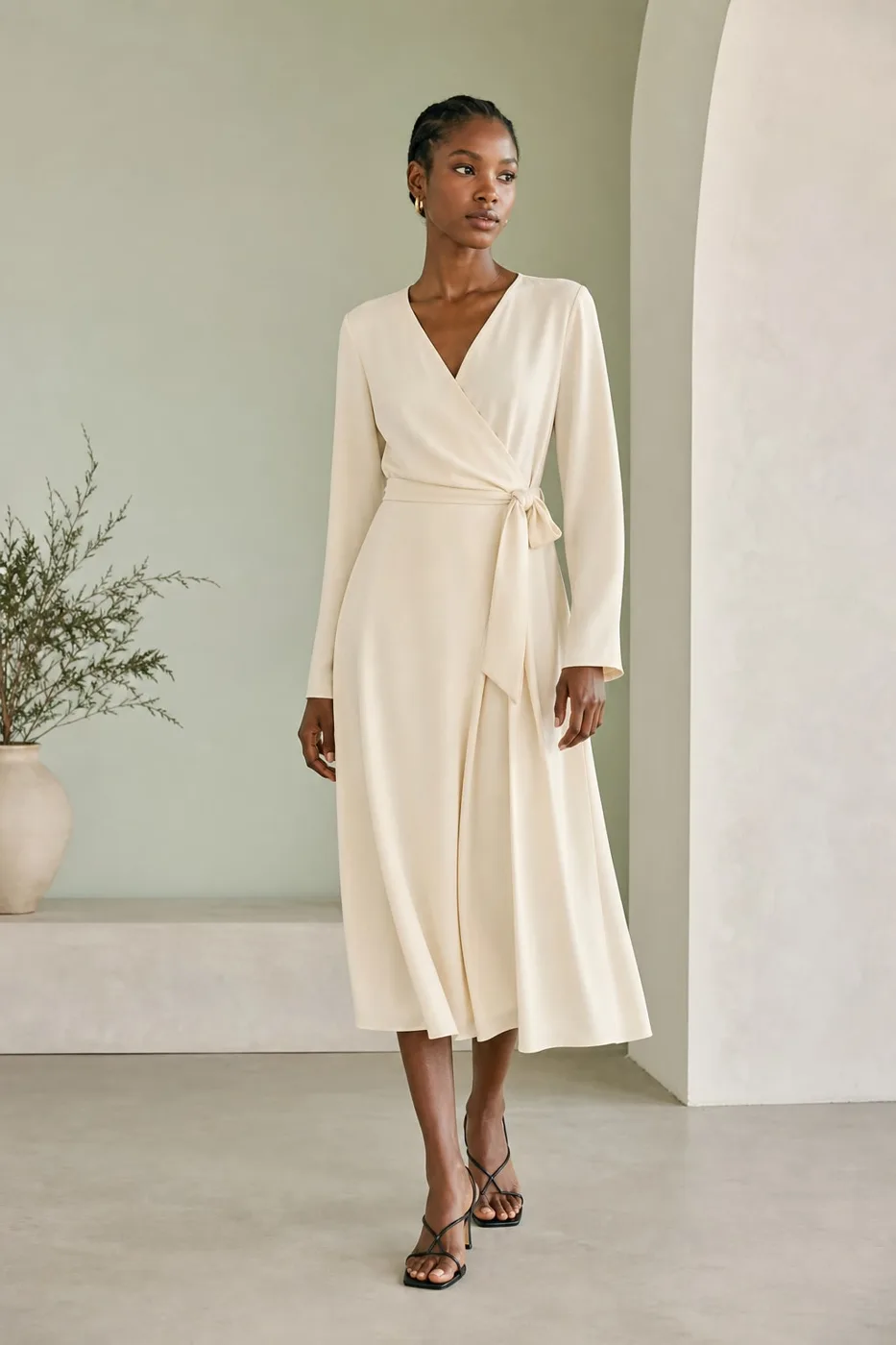 Ivory Long-Sleeve Wrap Dress