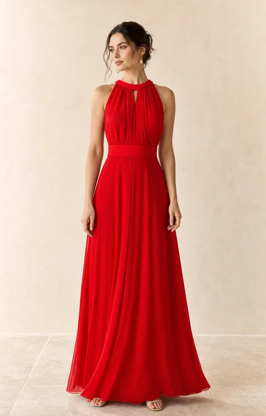 Ruby Halter Pleated Gown