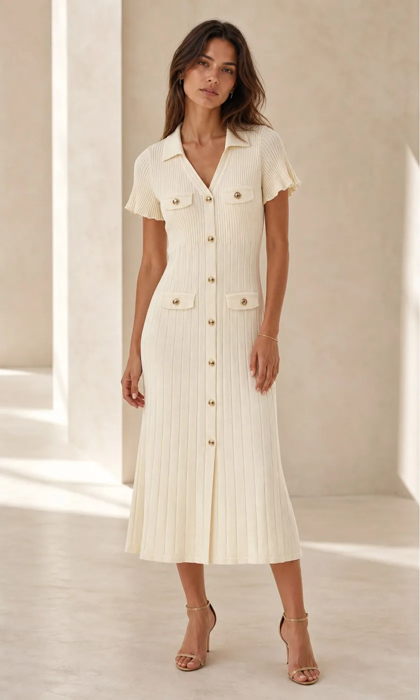 Cream Button Knit Dress