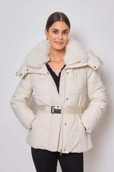 Belted Puffer with Faux-Fur Collar